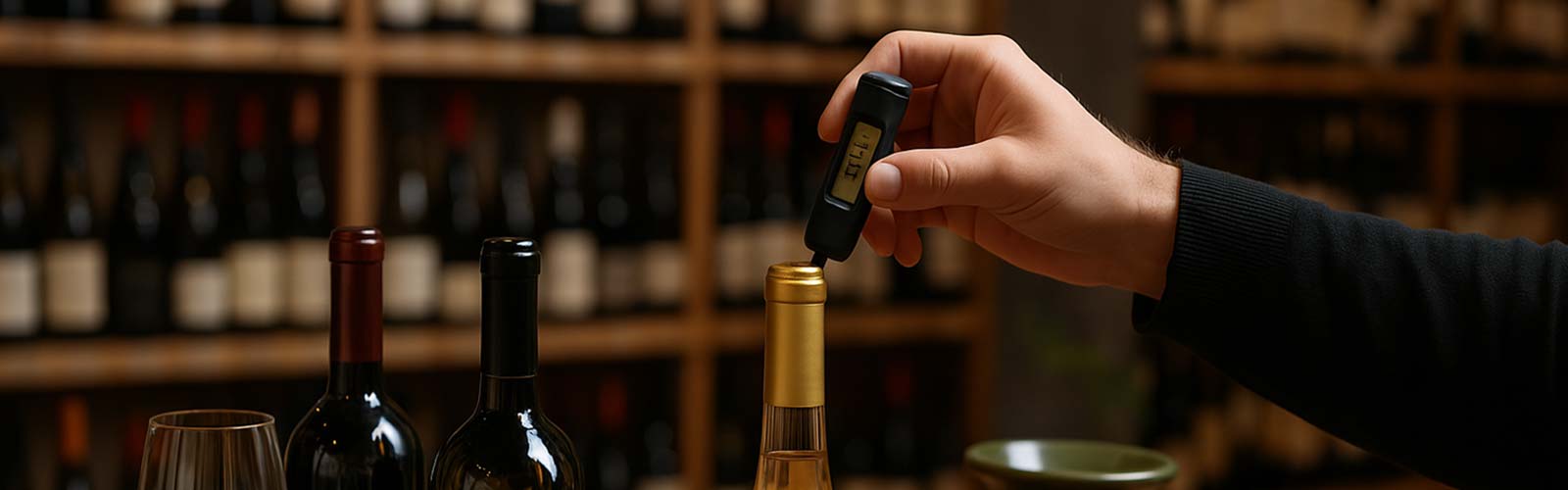 Une cave ou un bar à vin avec différents types de bouteilles, thermomètre à vin en main