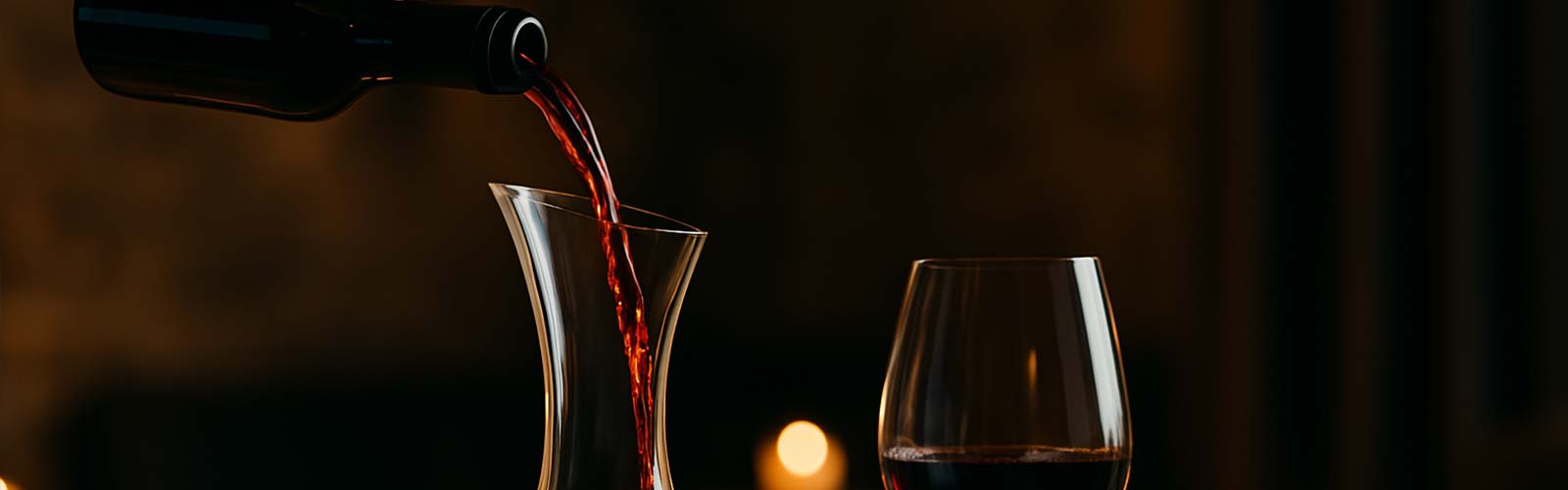 Une carafe en pleine action, vin rouge en train d’être versé doucement, sur une table élégante avec lumière tamisée.