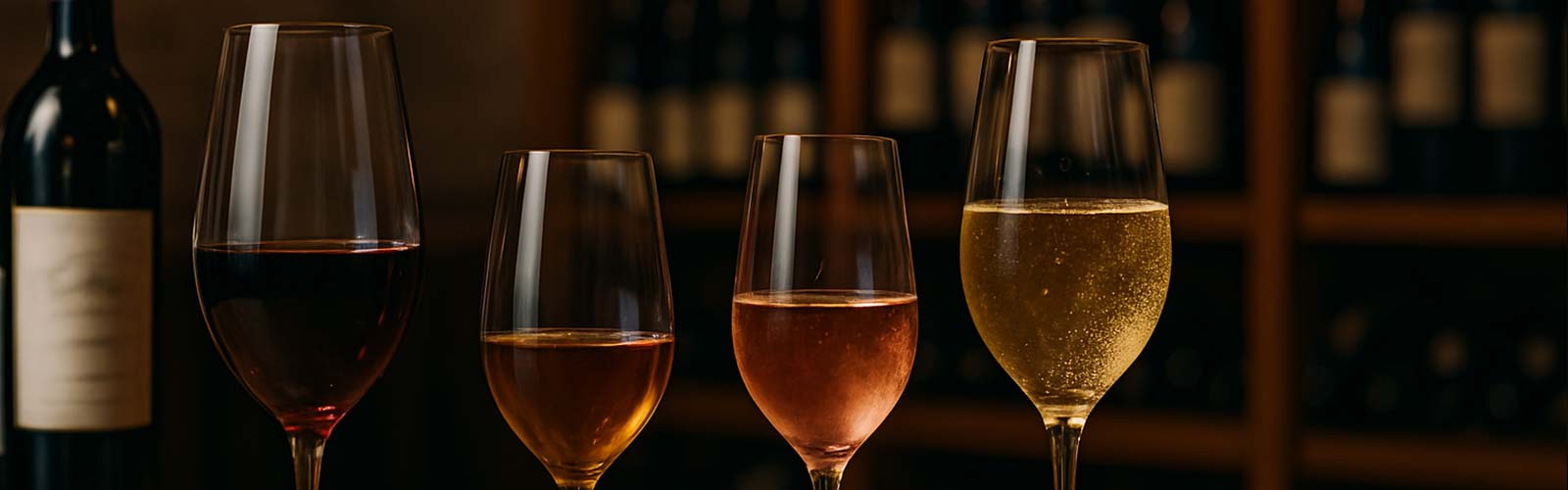 Dégustation à table avec 4 types de verres alignés, remplis de différents vins (blanc, rouge, rosé, mousseux)
